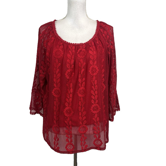 John Paul Richard Blouse Tunic size Medium Red Lace Wedding Church Modest - Picture 1 of 9